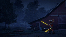 a robot stands in front of a barn at night