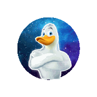 a cartoon duck with its arms crossed in front of a starry sky