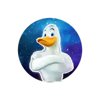 a cartoon duck with its arms crossed in front of a starry sky