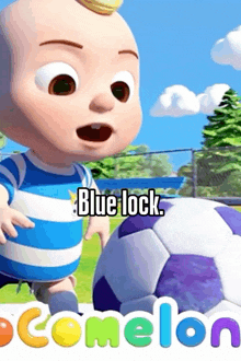 a cartoon baby is playing with a soccer ball and the words blue lock are above him