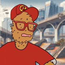 a cartoon character wearing glasses and a red hat with the letter b on it