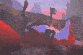 a painting of a fox laying on the ground with mountains in the background