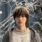 a young man in a sweater is standing in front of snow covered trees