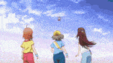 three anime girls are walking in front of a helicopter in the sky