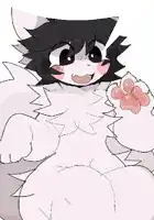 a drawing of a white furry animal with black hair and pink paws