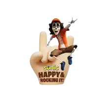a sonic happy and rocking it sign with a skeleton on it