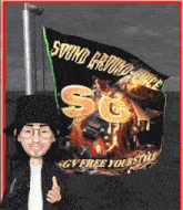 a man in a top hat stands in front of a flag that says sound beyond force sgv free your style