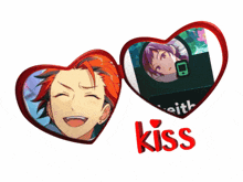 two hearts with a picture of a man and the word kiss below them