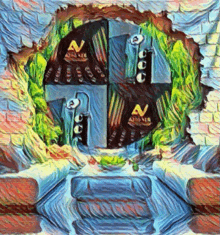 a painting of a hole in a brick wall with the letters a and v visible
