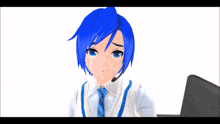 a blue haired anime character with a headset on
