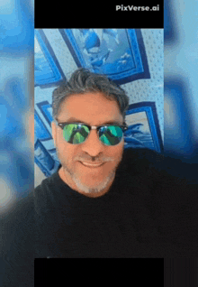 a man wearing sunglasses and a black shirt with pixverse.ai on the bottom right