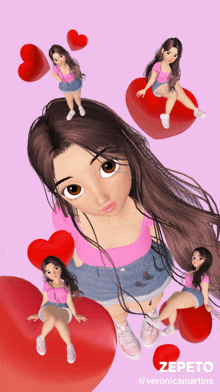 a cartoon girl is surrounded by red hearts and has the name zepeto on the bottom