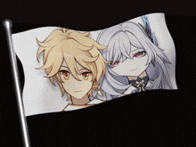 a black flag with a picture of a boy and girl on it