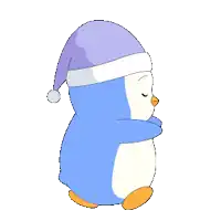 a penguin wearing a santa hat is hugging its arms