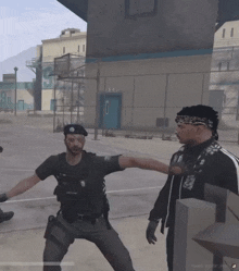 a screenshot of a video game shows a police officer and a man with a bandana