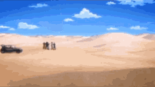 a group of people standing in a desert with a car in the foreground