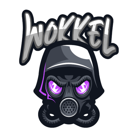 an illustration of a person wearing a gas mask and the word wokkel above it