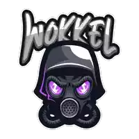 an illustration of a person wearing a gas mask and the word wokkel above it