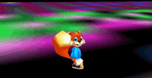 a cartoon squirrel in a blue shirt is standing on a colorful background