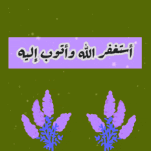 a green background with purple flowers and a purple sign with arabic writing