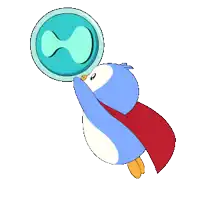 a penguin with a red cape is holding a magnifying glass with a blue circle on it