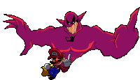 a cartoon drawing of mario and a monster