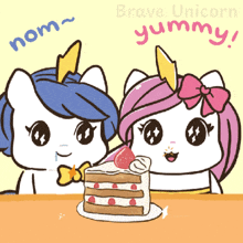 a cartoon of two unicorns eating a cake with the words nom and brave unicorn yummy