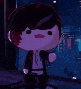 a cartoon character is standing in front of a city skyline with a flag in the background