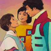 a man in a blue vest is standing next to two women