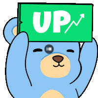 a blue teddy bear is holding a green sign that says up