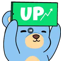 a blue teddy bear is holding a green sign that says up