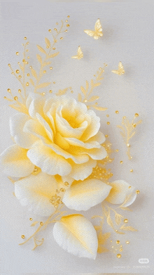 a yellow rose with gold leaves and butterflies surrounding it