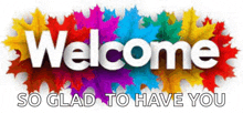 a welcome sign with colorful leaves and the words welcome so glad to have you