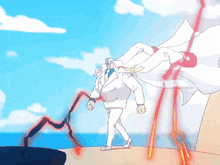 a cartoon drawing of a man in a white suit walking