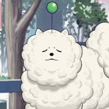 a cartoon drawing of a white dog with a green balloon on its head