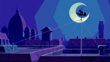 a cartoon scene with a crescent moon in the sky above a rooftop .