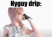 a picture of a girl with pink hair and the words nyguy drip written on it .
