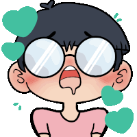 a cartoon drawing of a boy wearing glasses with hearts around his face