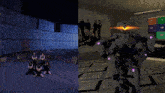a group of women dancing next to a robot with purple lights