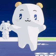 a cartoon character standing next to a smaller one with the letter e on the ground