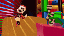 a cartoon character is standing in a colorful room