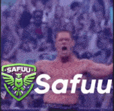 a man without a shirt is standing in front of a crowd with his arms outstretched and the words safuu behind him .