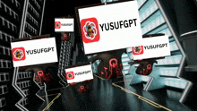 a bunch of yusufgpt signs are floating in a room