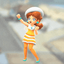 a cartoon character is wearing a yellow and white dress