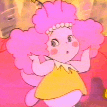 a cartoon character with pink hair and a yellow shirt