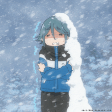 a cartoon of a person standing in the snow with chinese writing