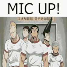 a group of cartoon characters standing next to each other with the words mic up on top