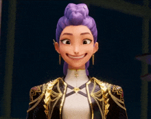 a cartoon character with purple hair and gold earrings smiles