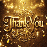 the word thank you is surrounded by music notes and sparkles