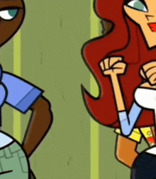 two cartoon characters are standing next to each other and one of them has a fist in the air .
